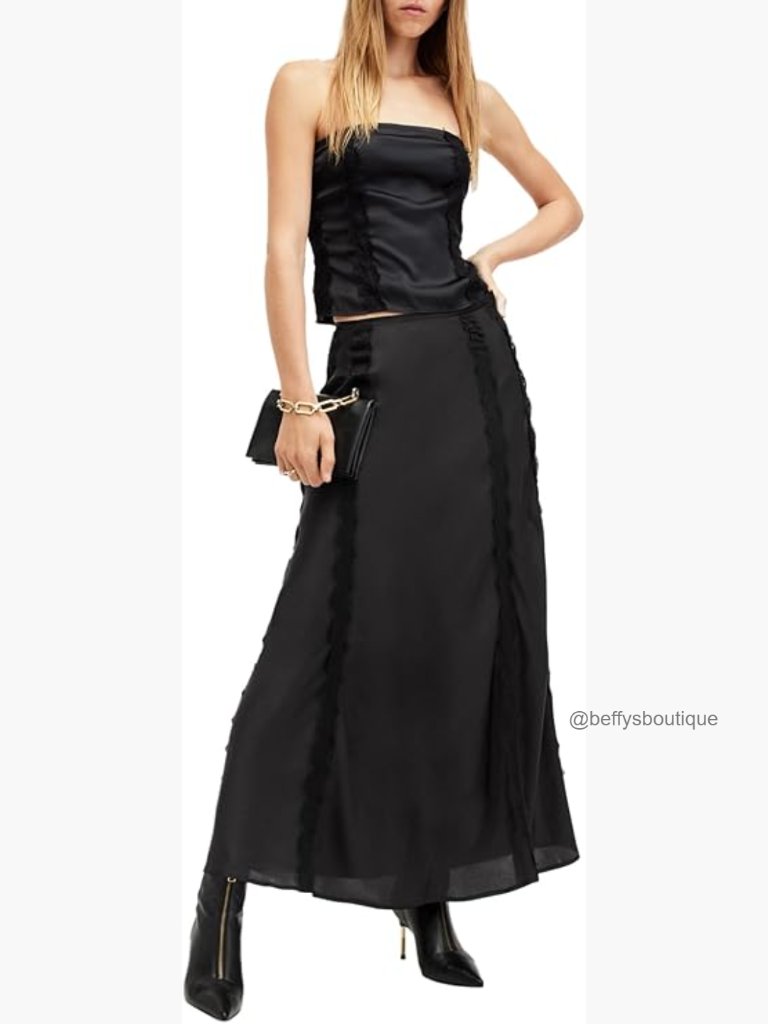 Satin Midi Pencil Skirt With Lace Trim, Zip Closure, Slim Fit, Straight Hem